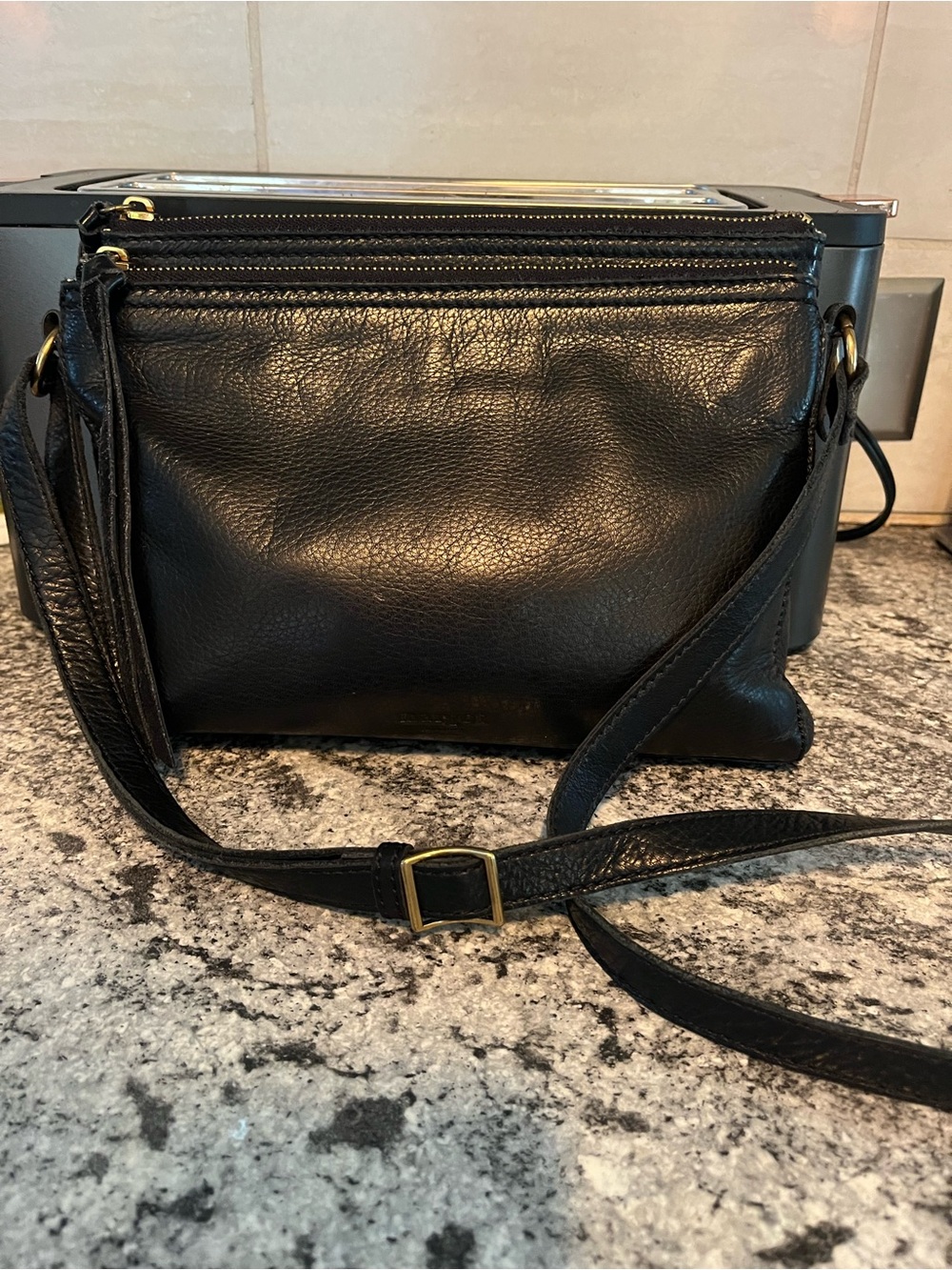 Margot NY Black Leather Shoulder Bag Double Zip Crossbody Modern Slim Pebbled